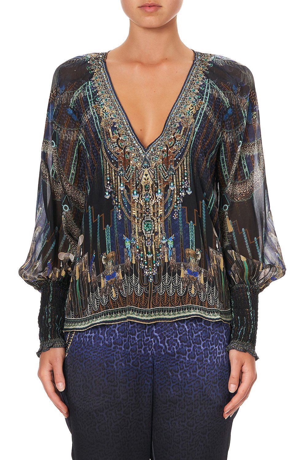 SHIRRED CUFF BLOUSE DRIPPING IN DECO