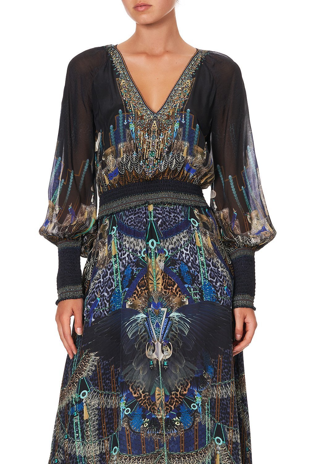 DRESS WITH SHIRRED WAIST AND CUFF DRIPPING IN DECO