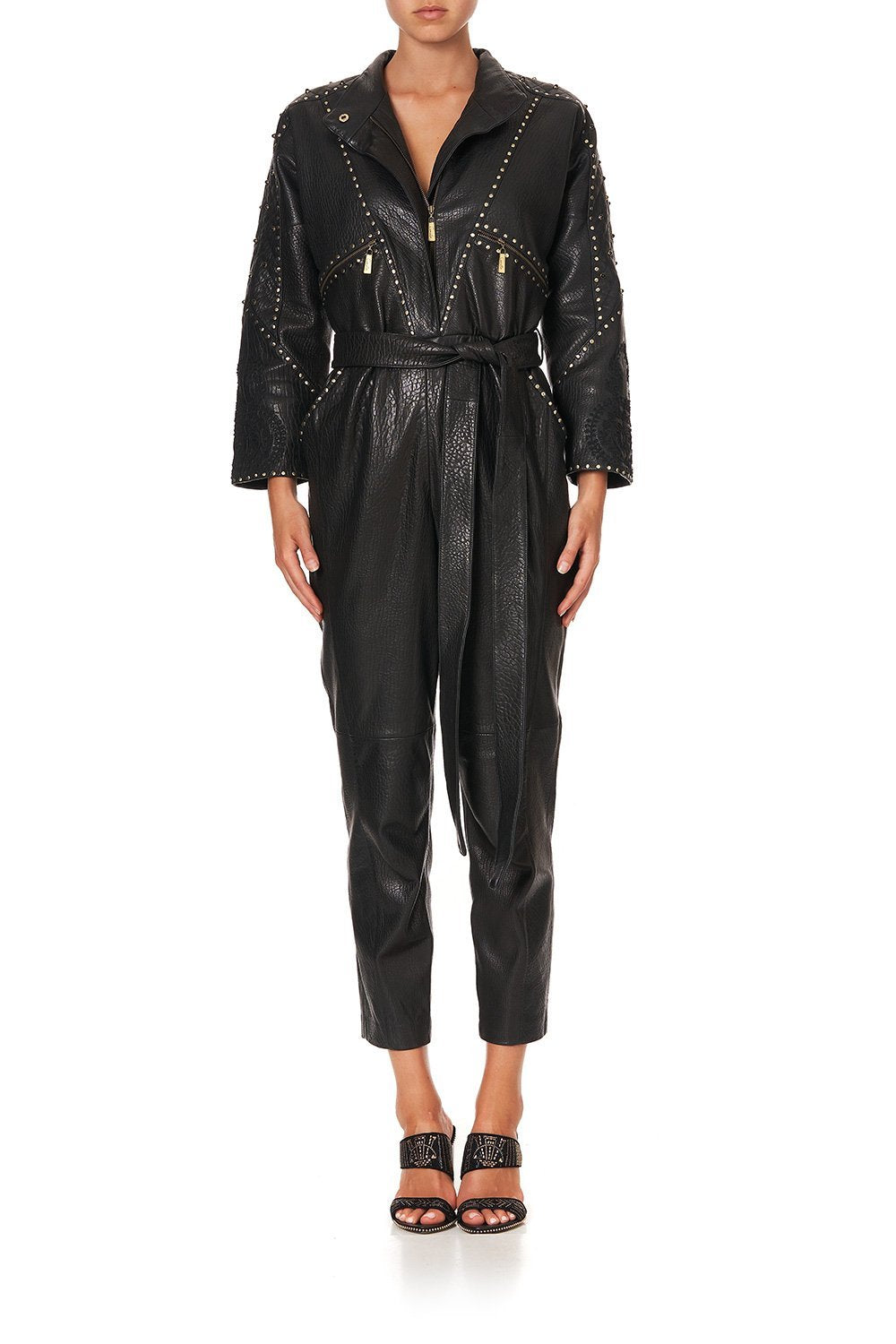 ZIP FRONT PANEL LEATHER JUMPSUIT LEATHER