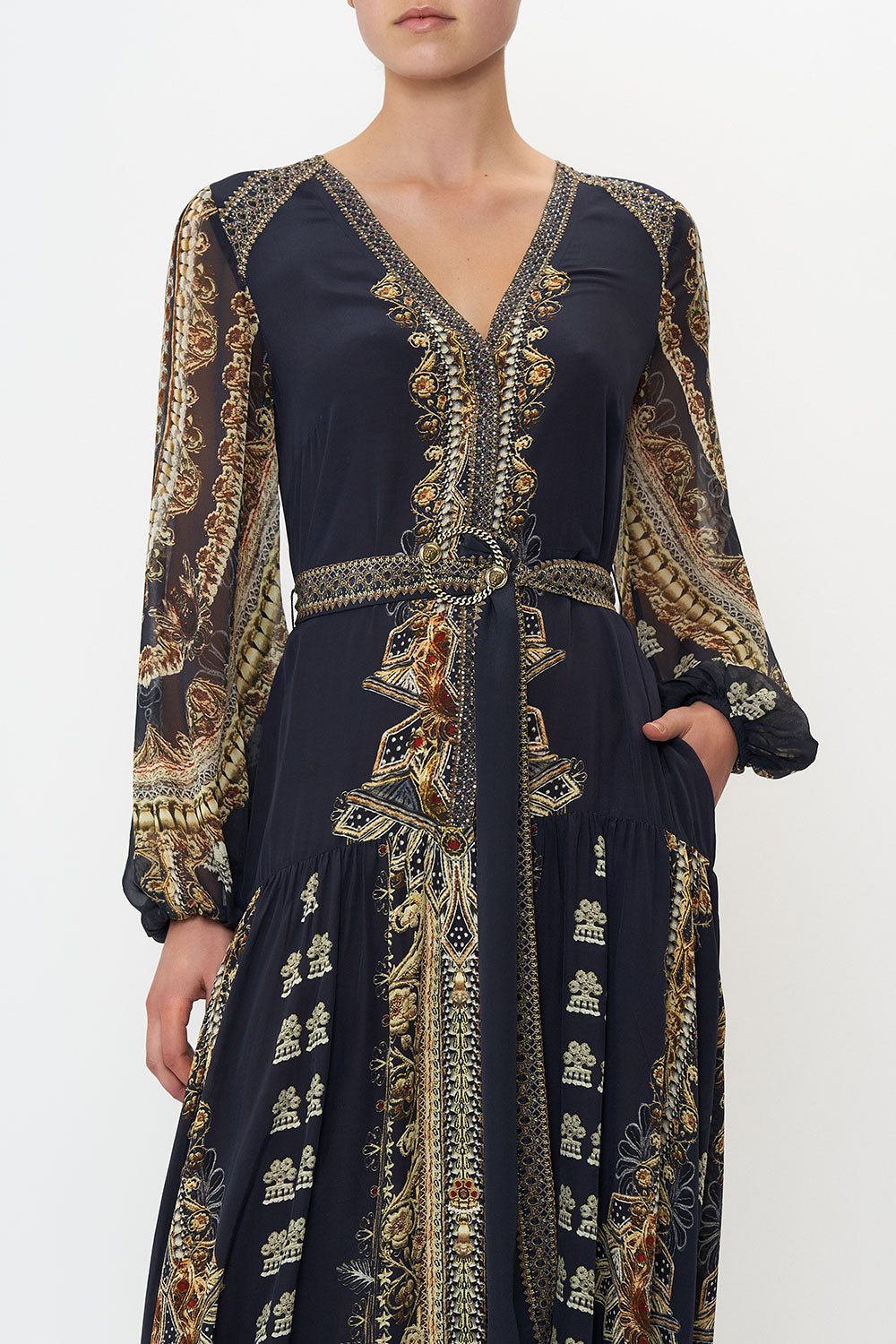 V NECK DRESS WITH BELT ITS ALL OVER TORERO