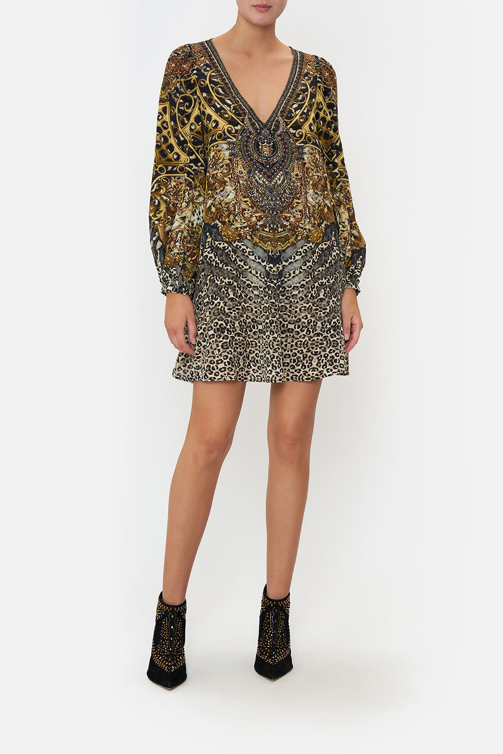 V NECK BLOUSON SLEEVE DRESS ARMADA