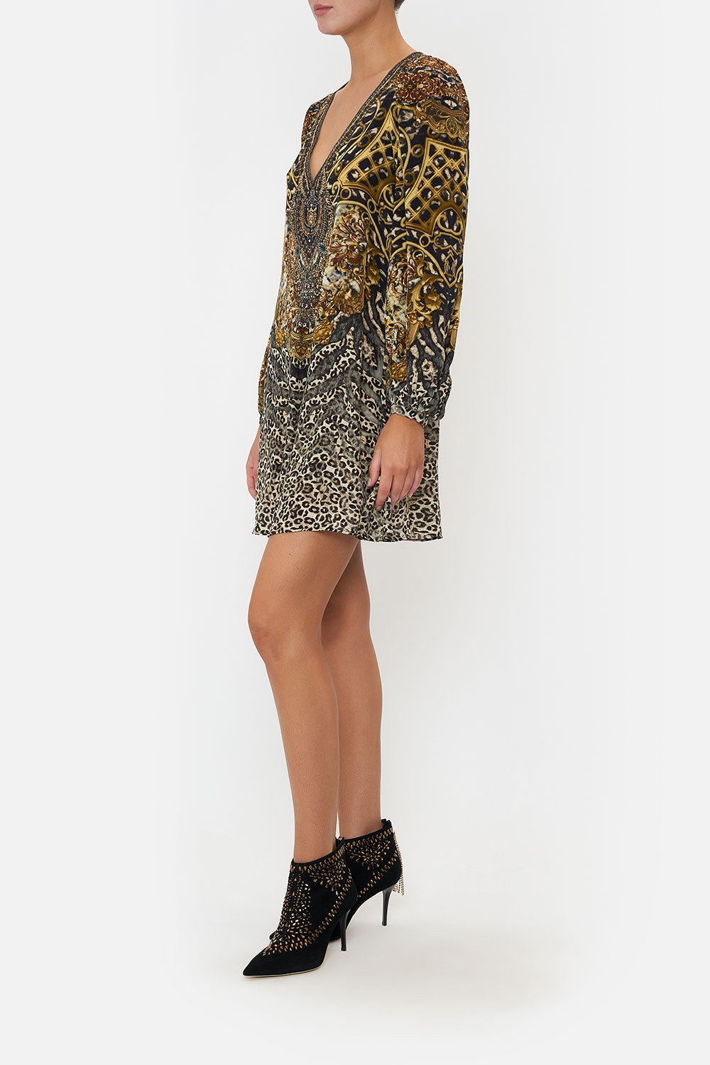 V NECK BLOUSON SLEEVE DRESS ARMADA