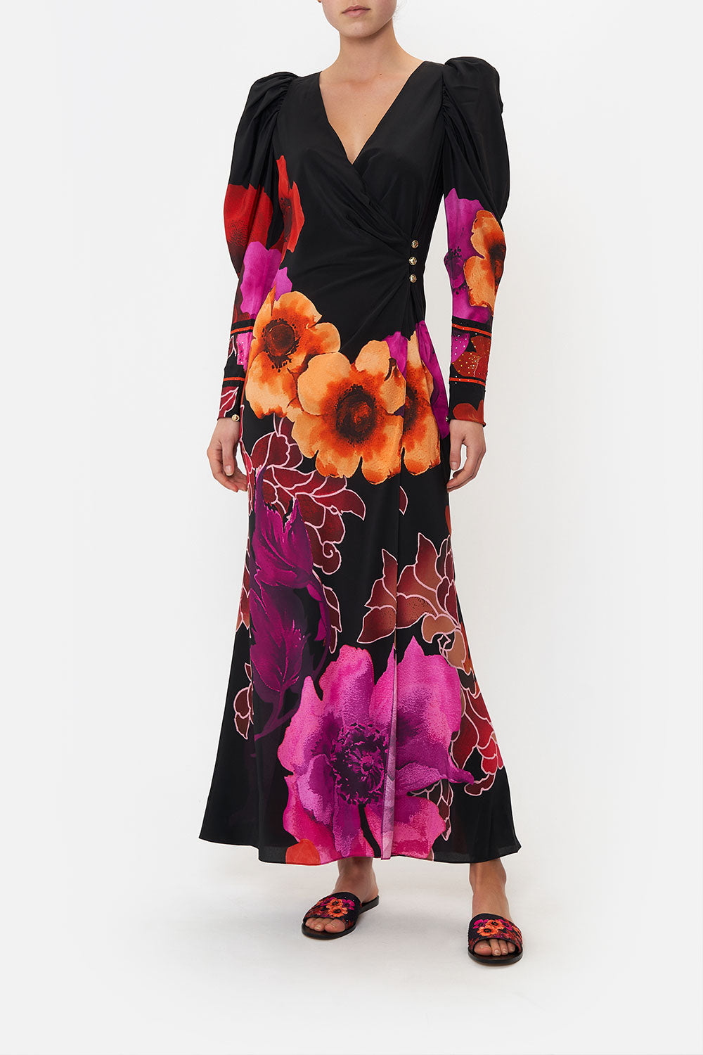 WRAP DRESS WITH DRAMATIC SLEEVE MIDNIGHT POPPY