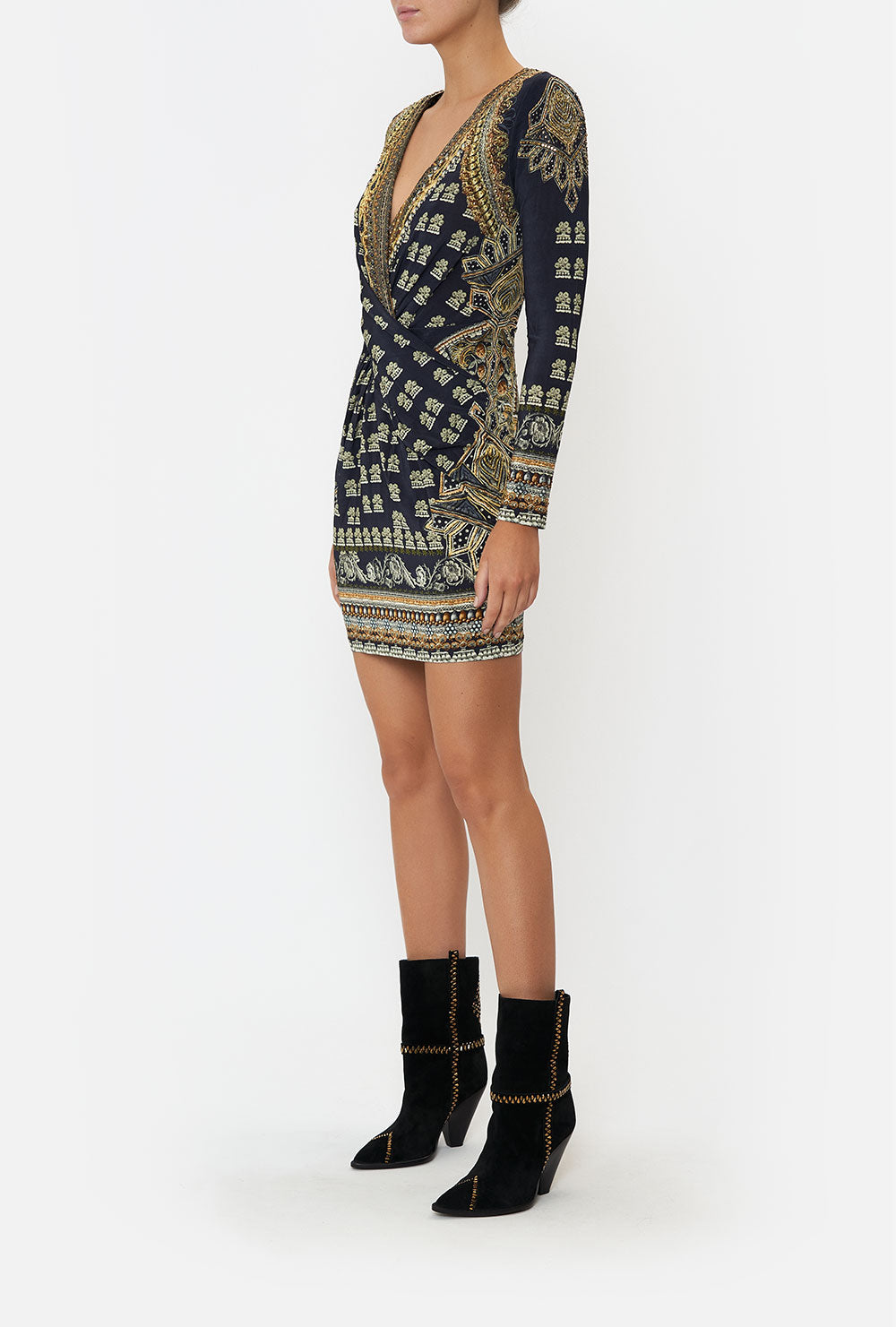 V-NECK CROSS FRONT DRESS ITS ALL OVER TORERO