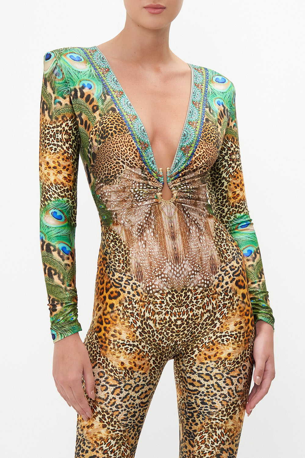 PLUNGE FRONT CATSUIT WITH RING SURREALIST XANADU
