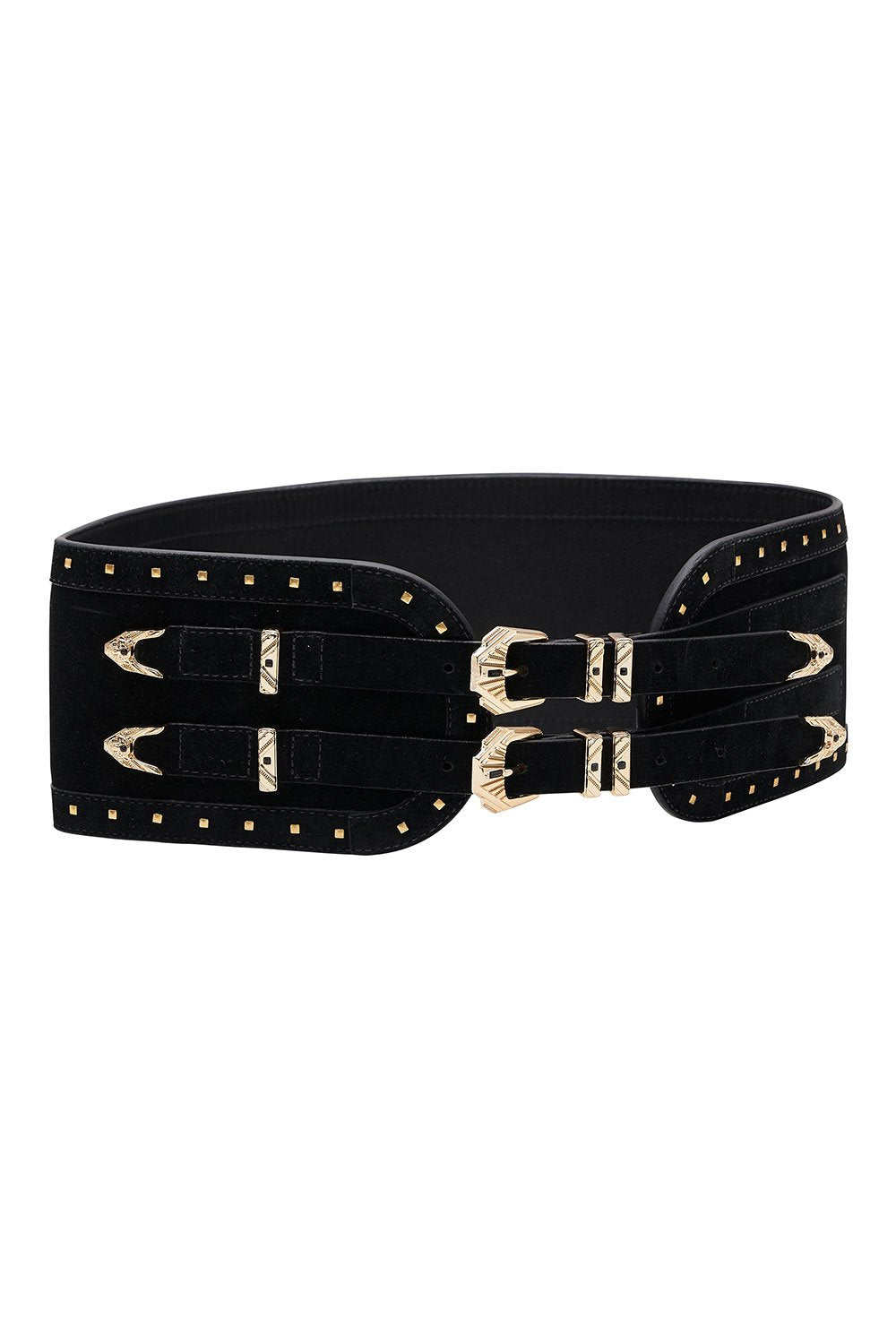 CINCHED BELT WITH DOUBLE BUCKLE SOLID BLACK