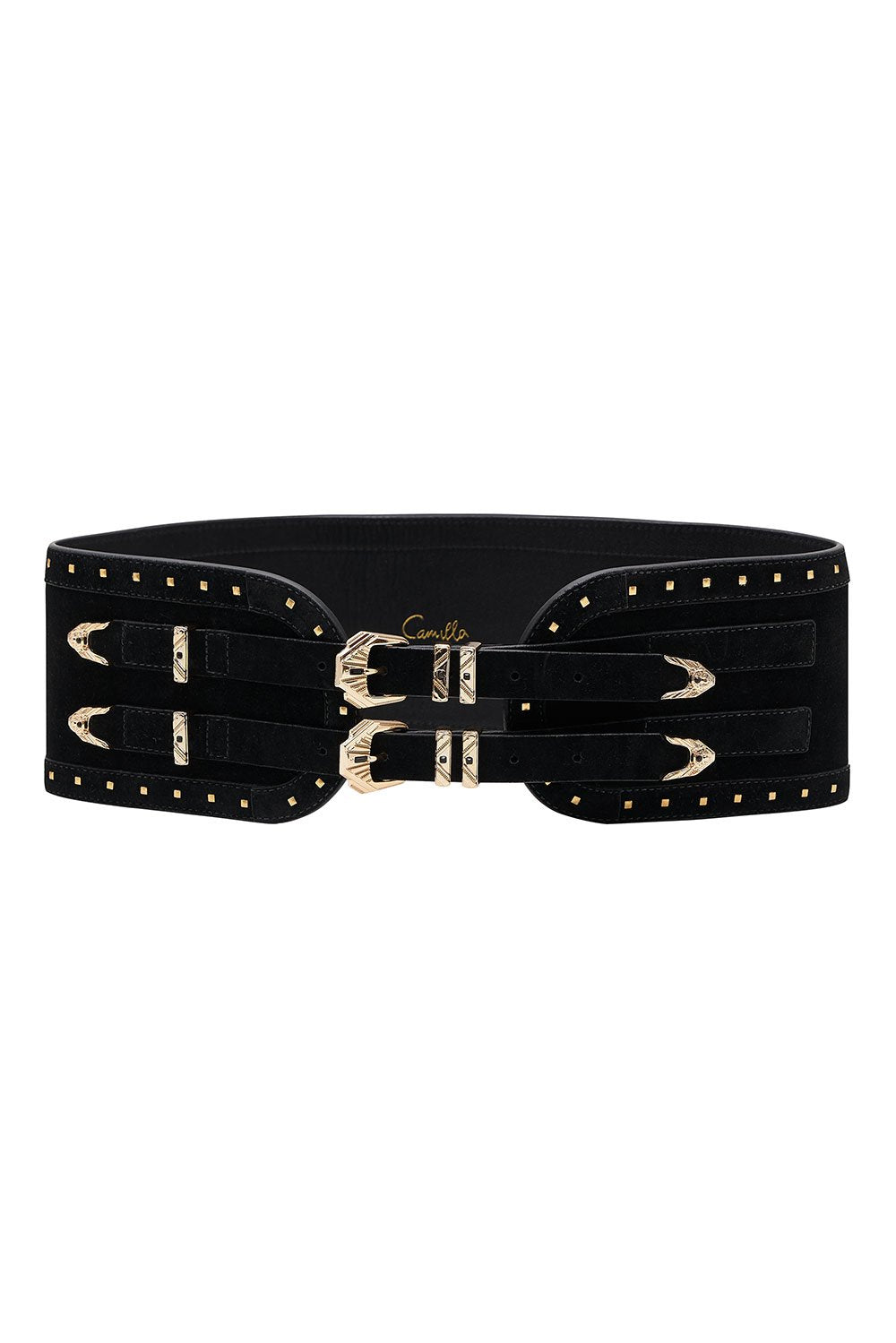 CINCHED BELT WITH DOUBLE BUCKLE SOLID BLACK