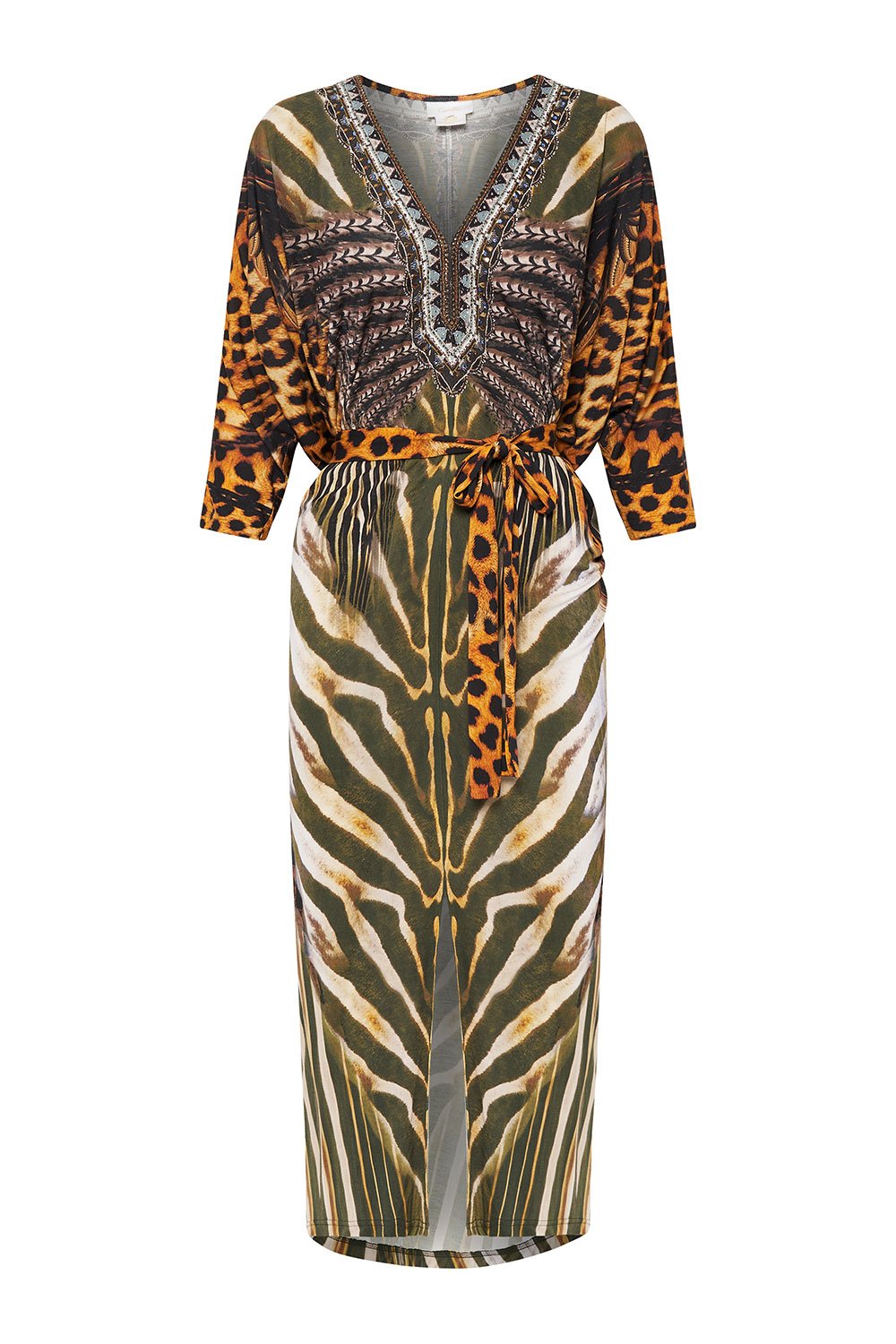 JERSEY FITTED V NECK DRESS WITH TIE NINE LIVES