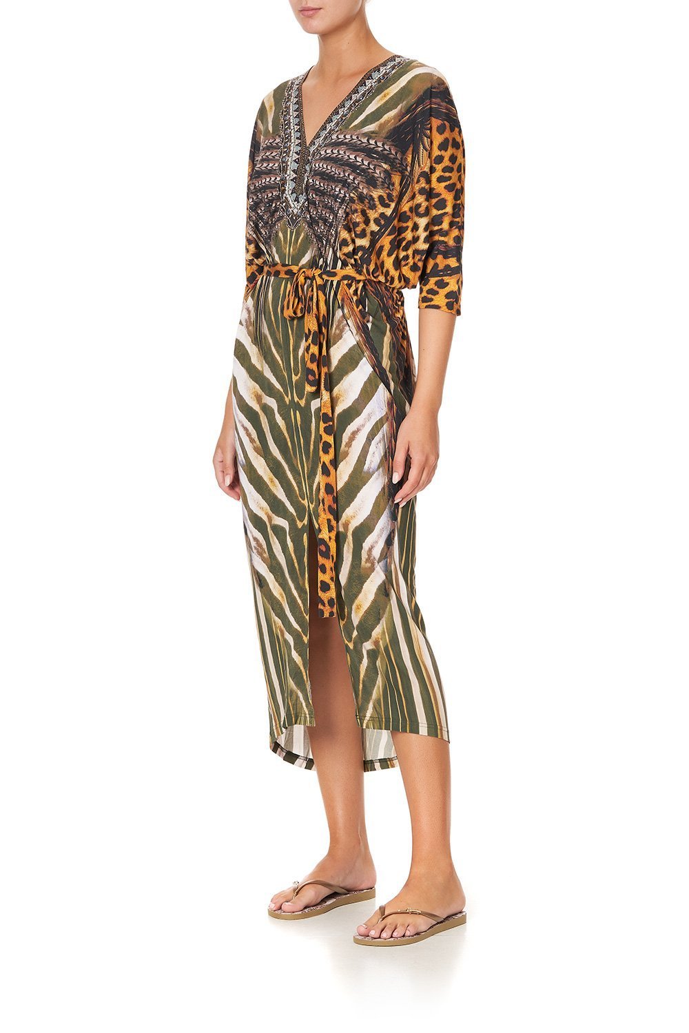 JERSEY FITTED V NECK DRESS WITH TIE NINE LIVES