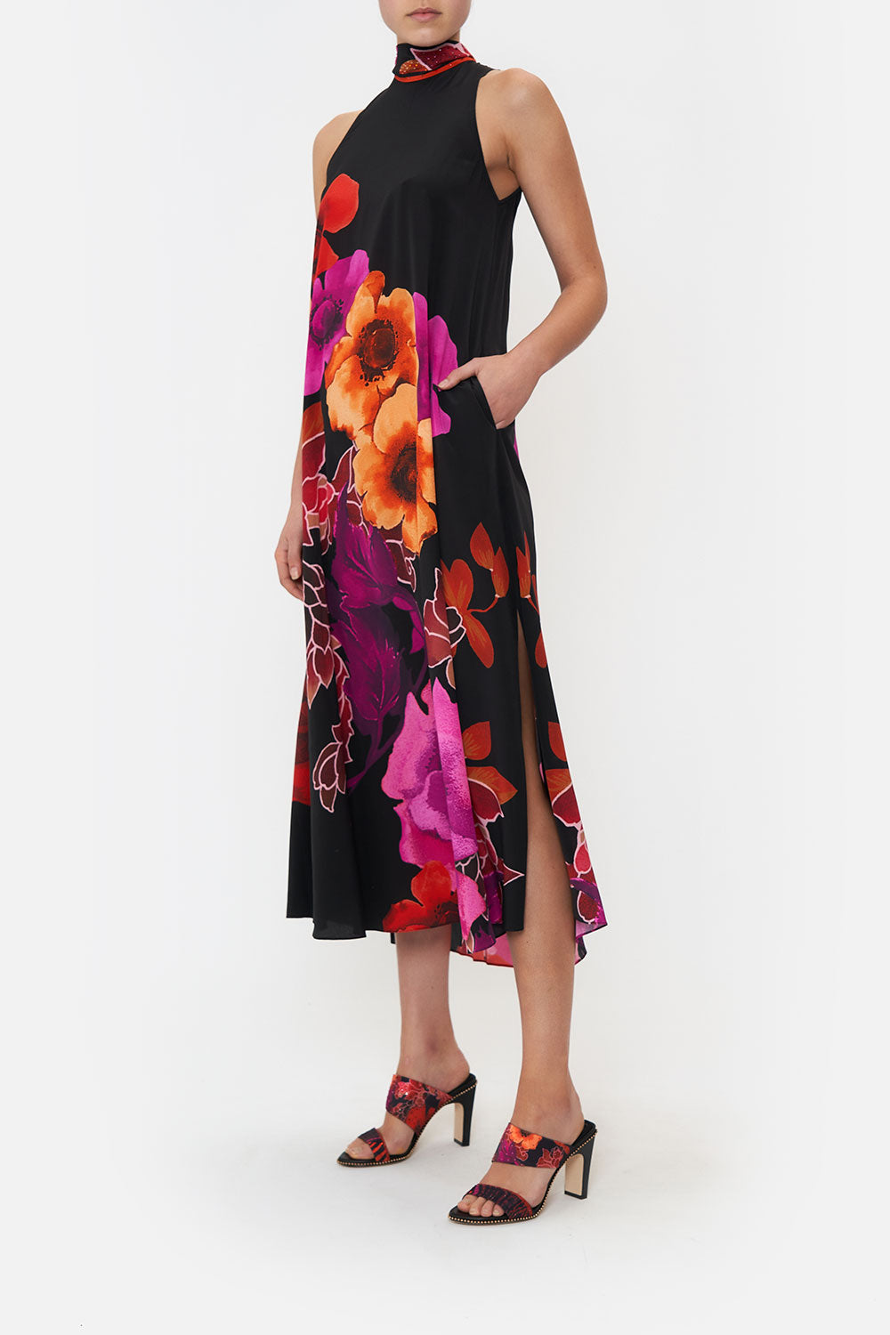 HIGH NECK DRESS WITH BACK NECK TIE MIDNIGHT POPPY