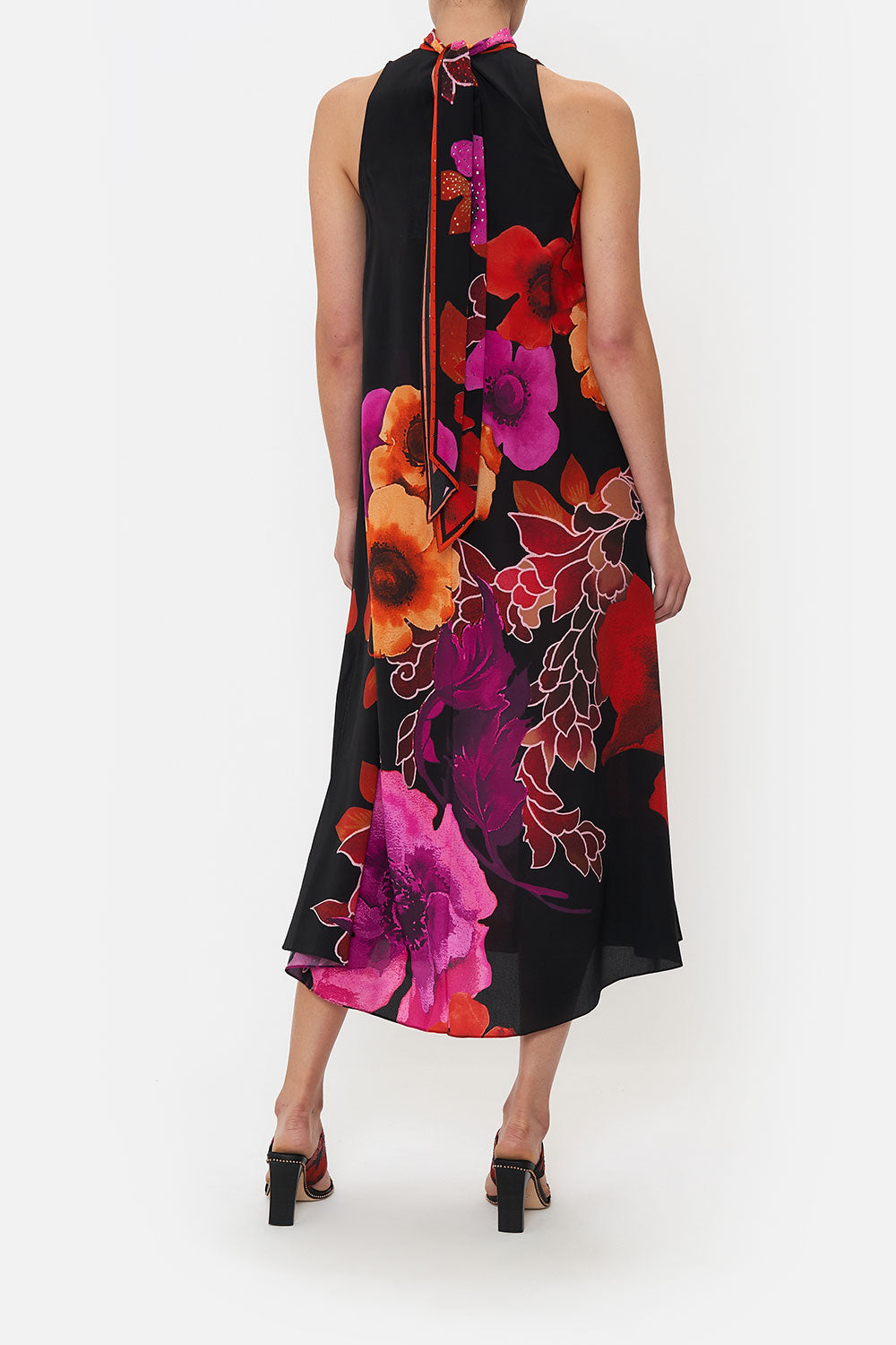 HIGH NECK DRESS WITH BACK NECK TIE MIDNIGHT POPPY
