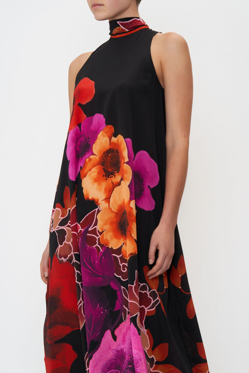 HIGH NECK DRESS WITH BACK NECK TIE MIDNIGHT POPPY
