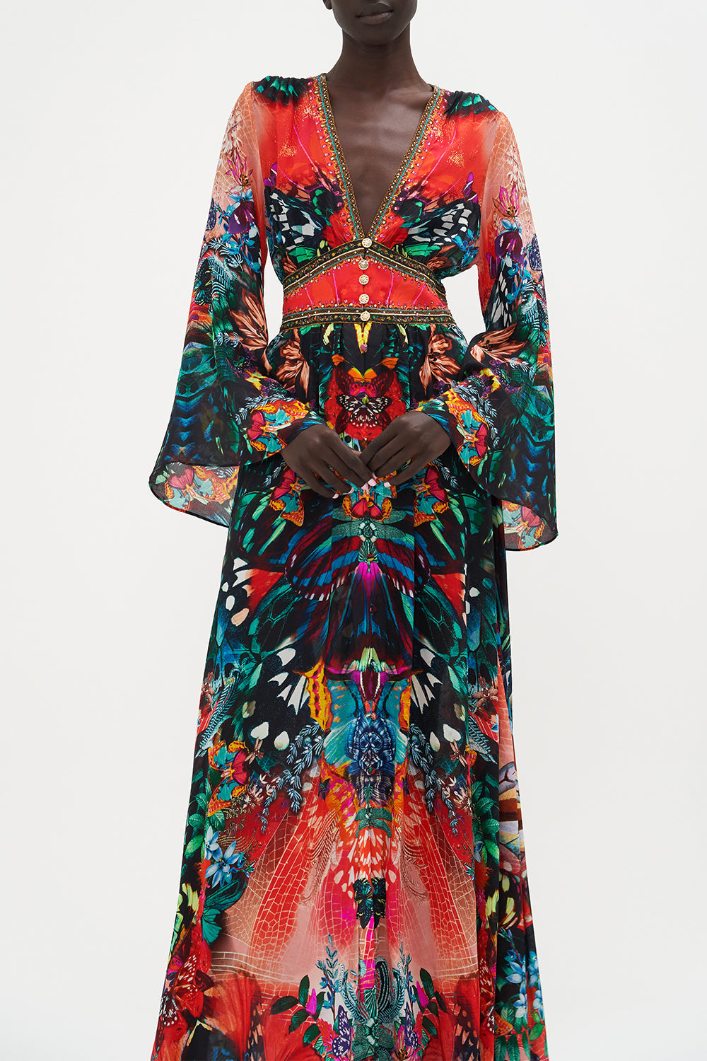 KIMONO SLEEVE DRESS WITH SHIRRING DETAIL IN A FLUTTER