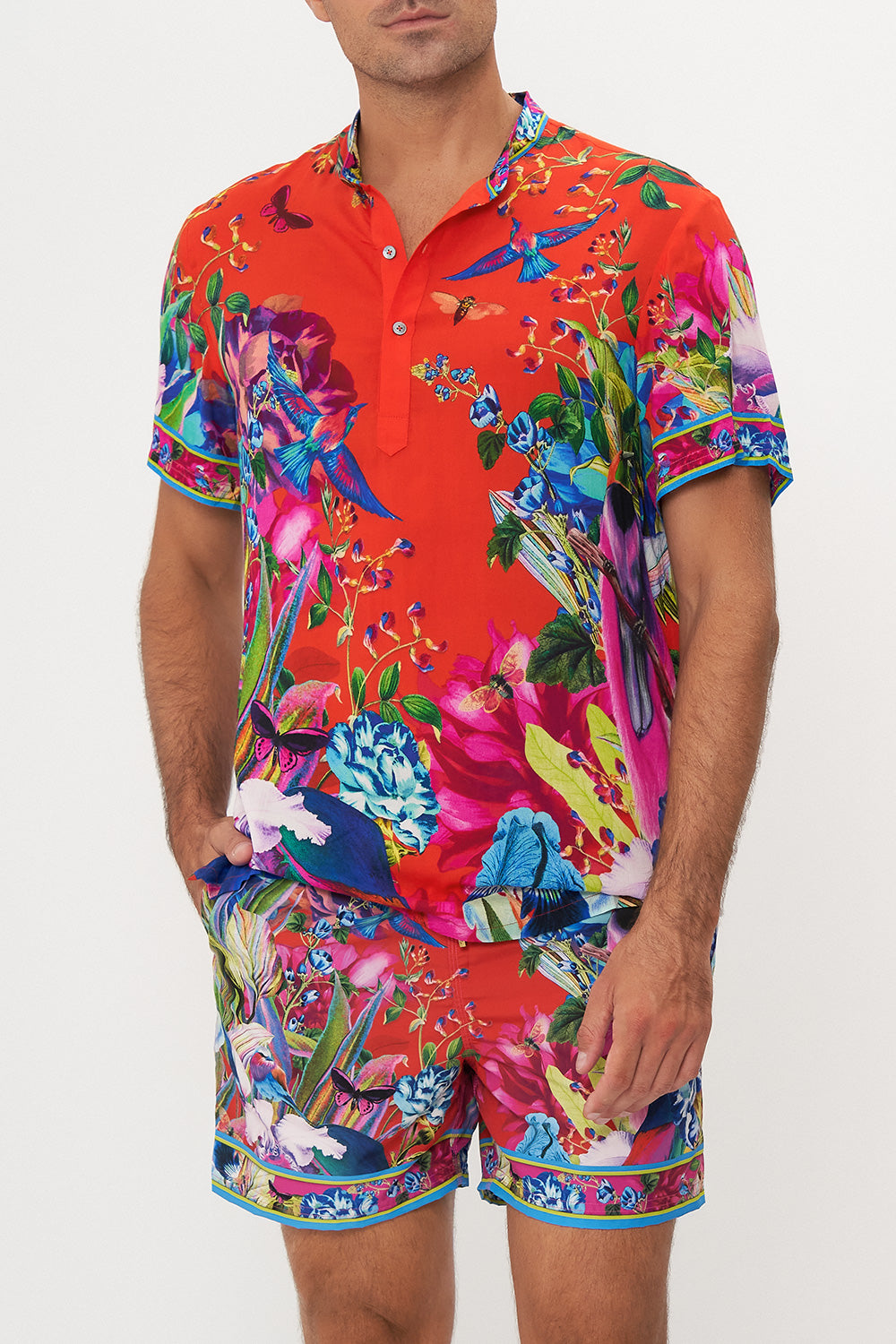 SHORT SLEEVE MANDARIN SHIRT BIRDS OF A FEATHER