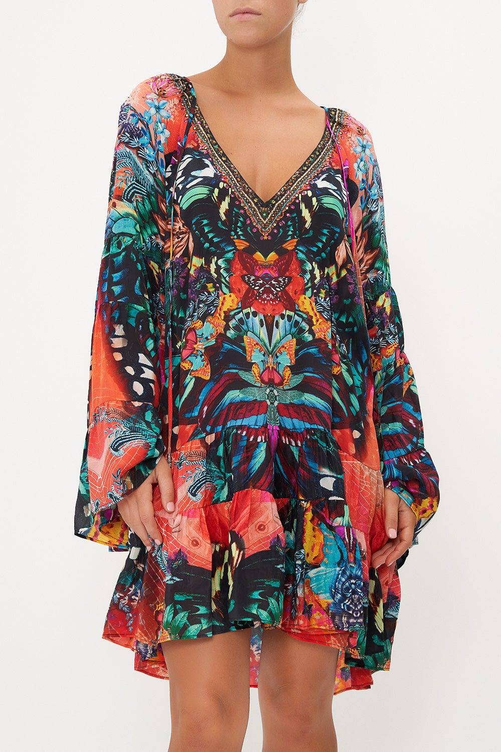 A-LINE GATHERED PANEL DRESS IN A FLUTTER