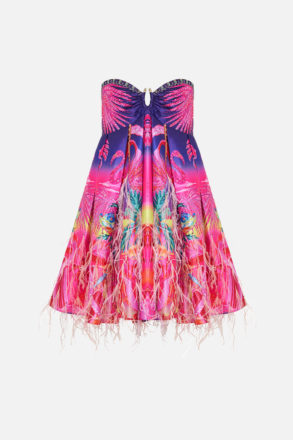 STRAPLESS SHORT FEATHER DRESS FLIGHT OF THE FLAMINGO
