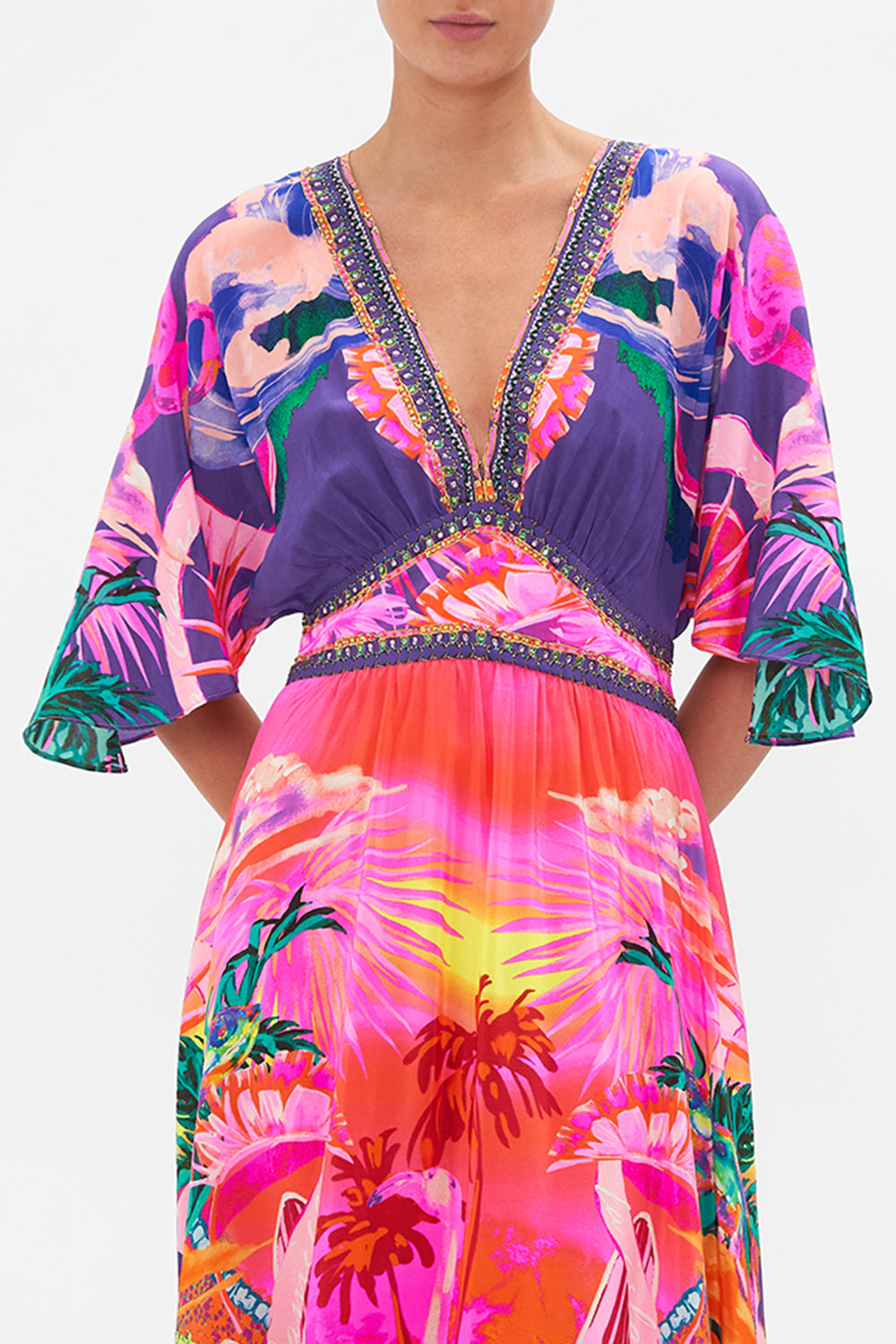 WAISTED DRESS WITH HEM RUFFLE FLIGHT OF THE FLAMINGO