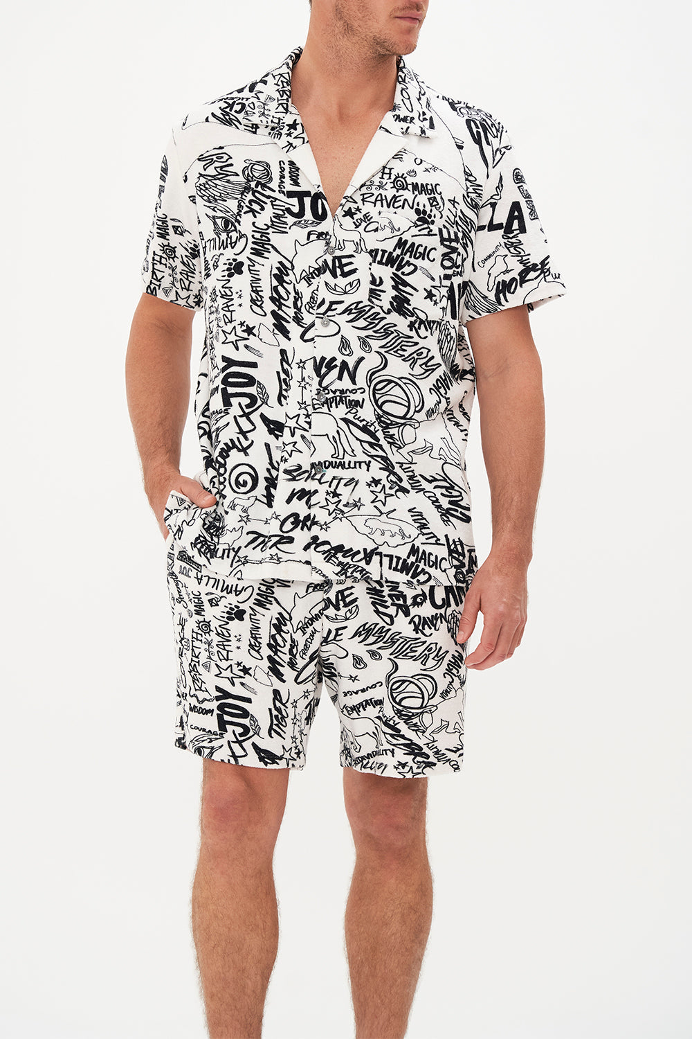 TERRY TOWELLING SHORT SLEEVE BUTTON UP SHIRT CREATURE FEATURE