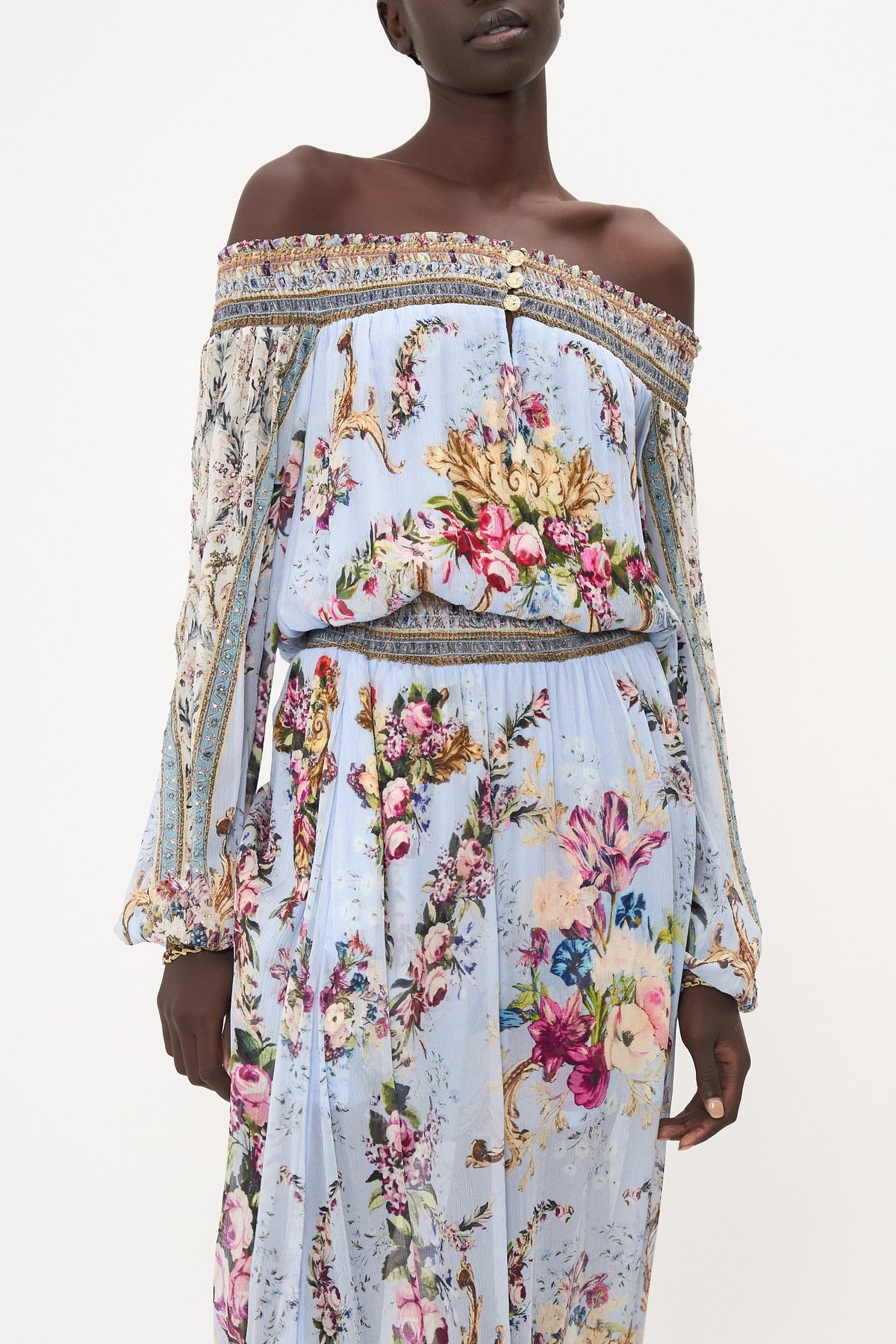 OFF SHOULDER SHIRRED DRESS FLORAFUL