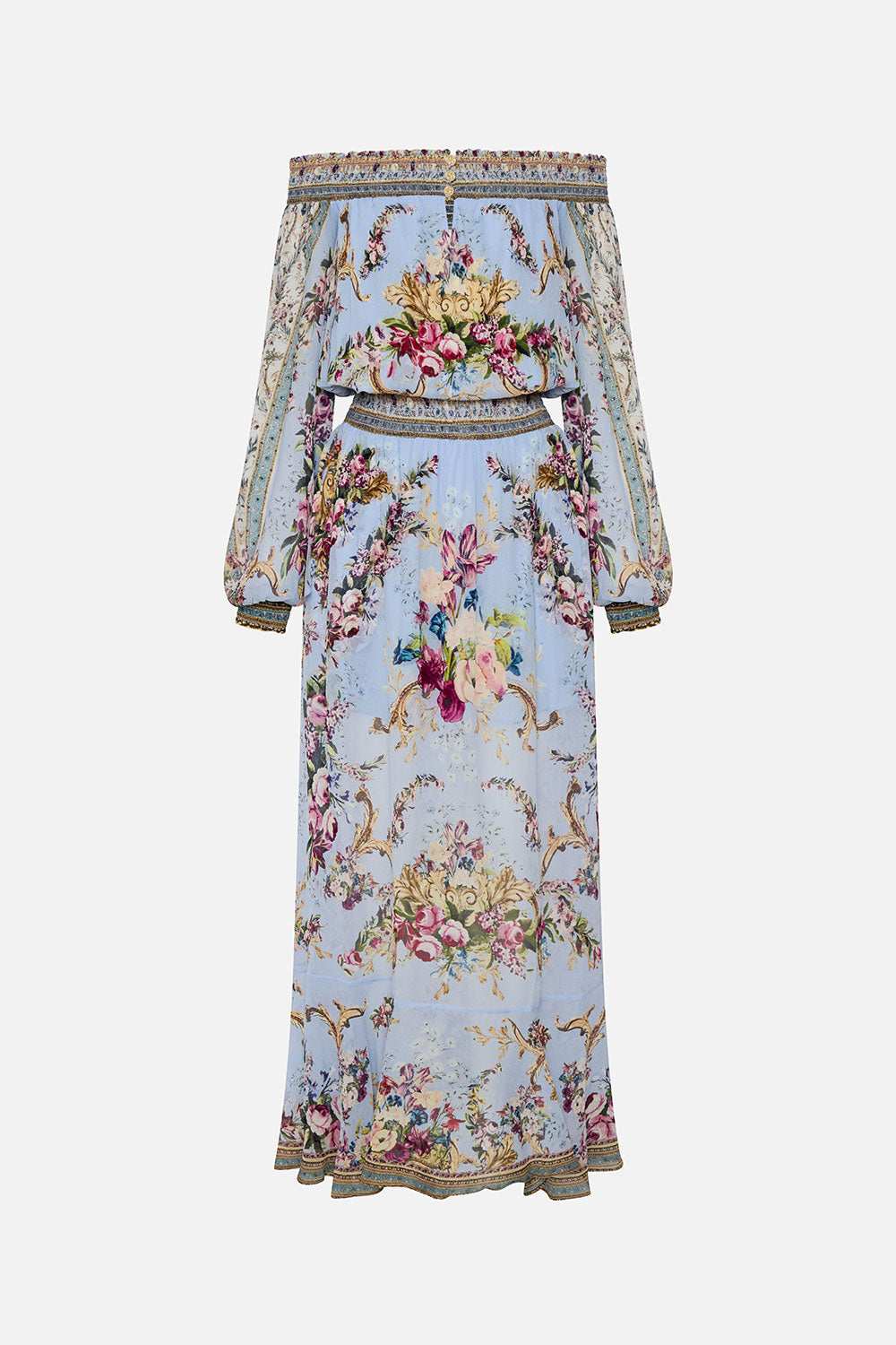 OFF SHOULDER SHIRRED DRESS FLORAFUL