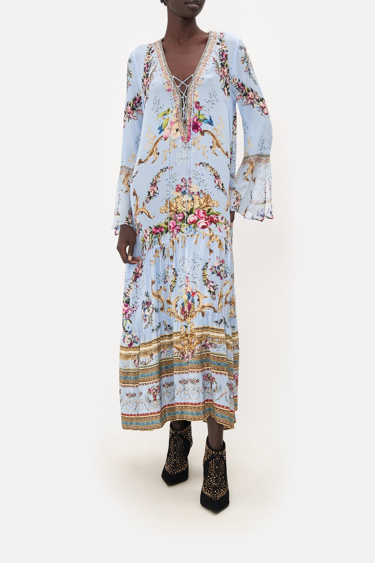 LACE UP DRESS WITH TIERED HEM FLORAFUL