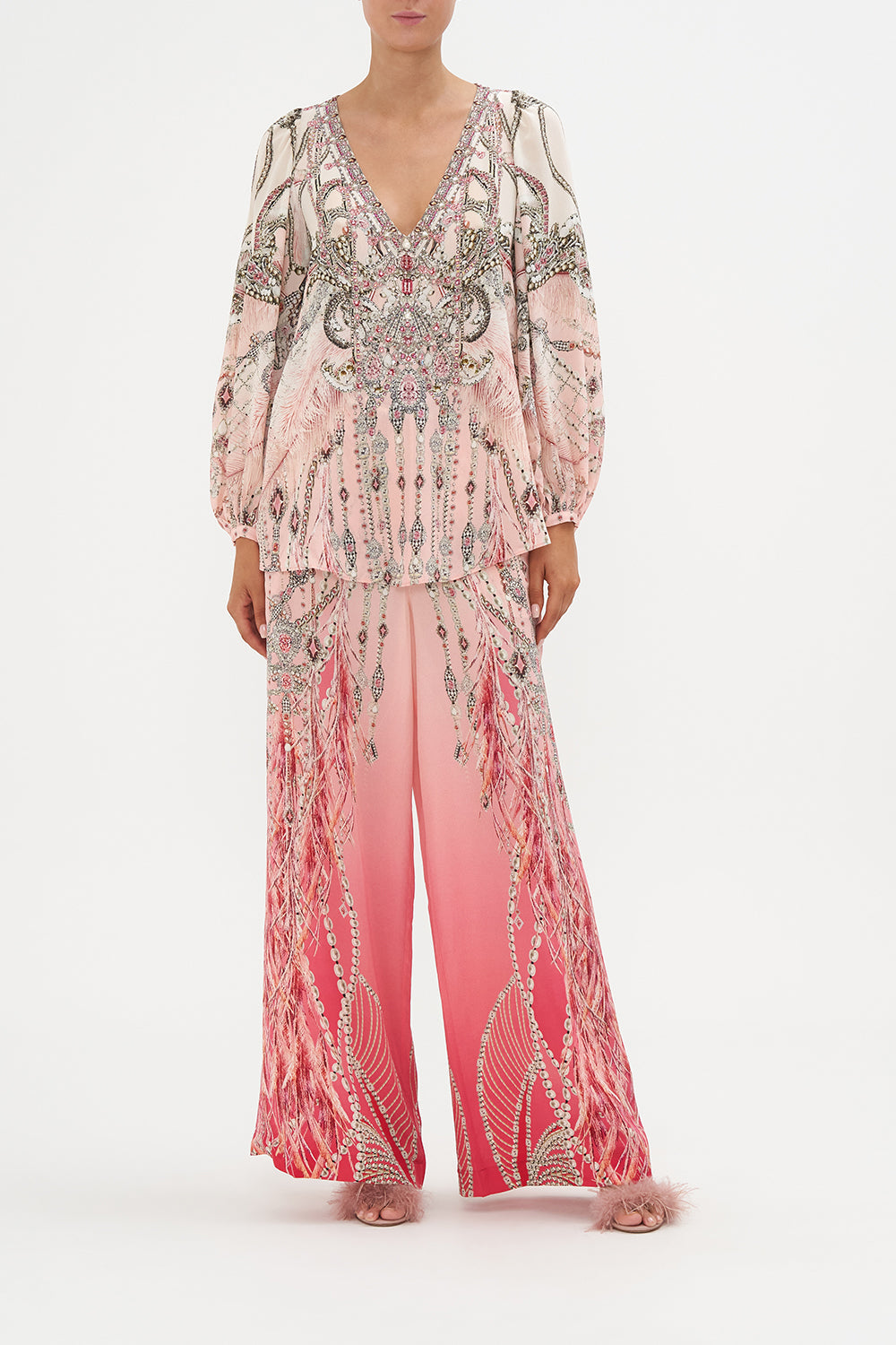 V Neck Blouson Sleeve Blouse Starship Sistas print by CAMILLA