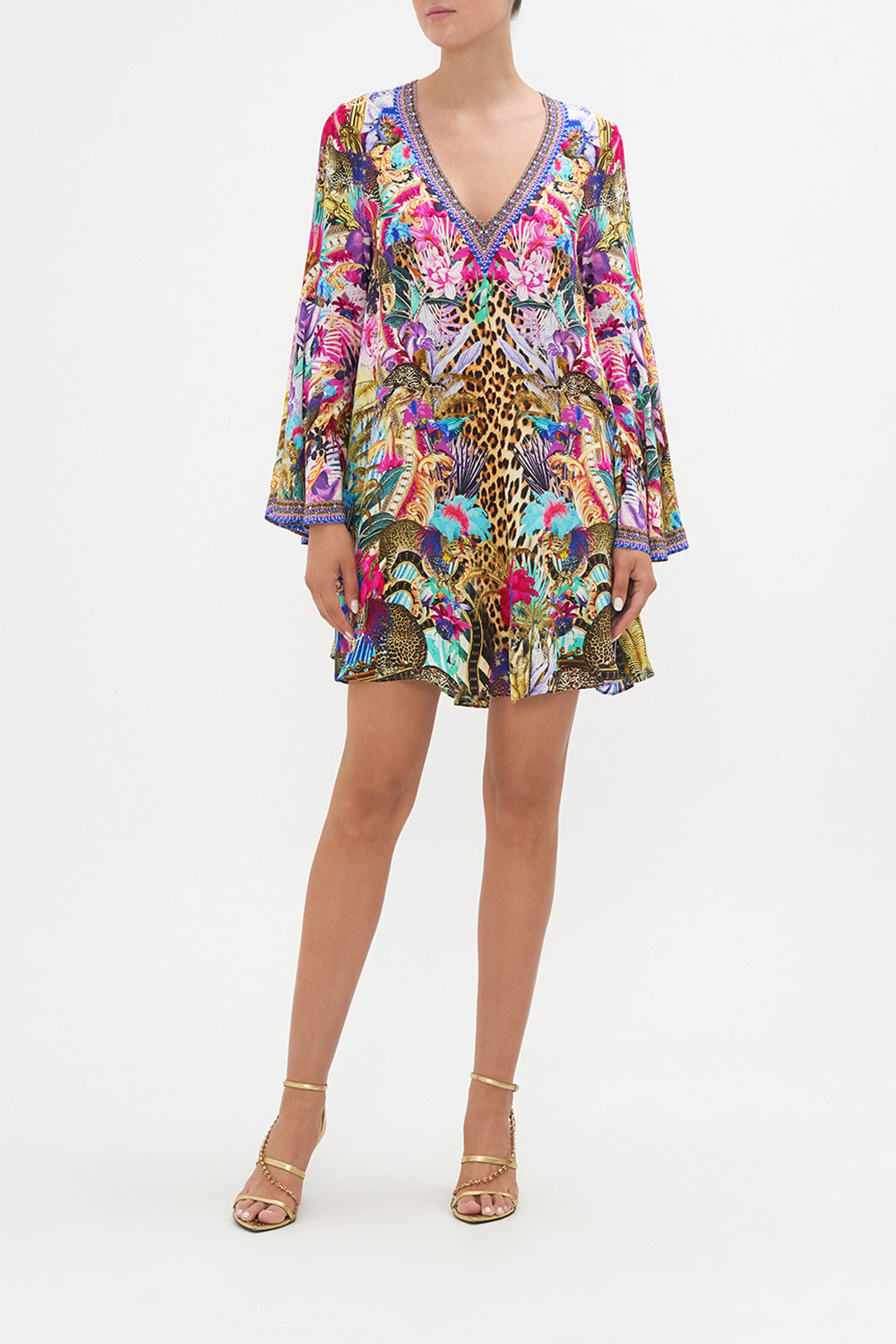 V NECK FLARED SLEEVE MINI DRESS MERRY GO ROUND