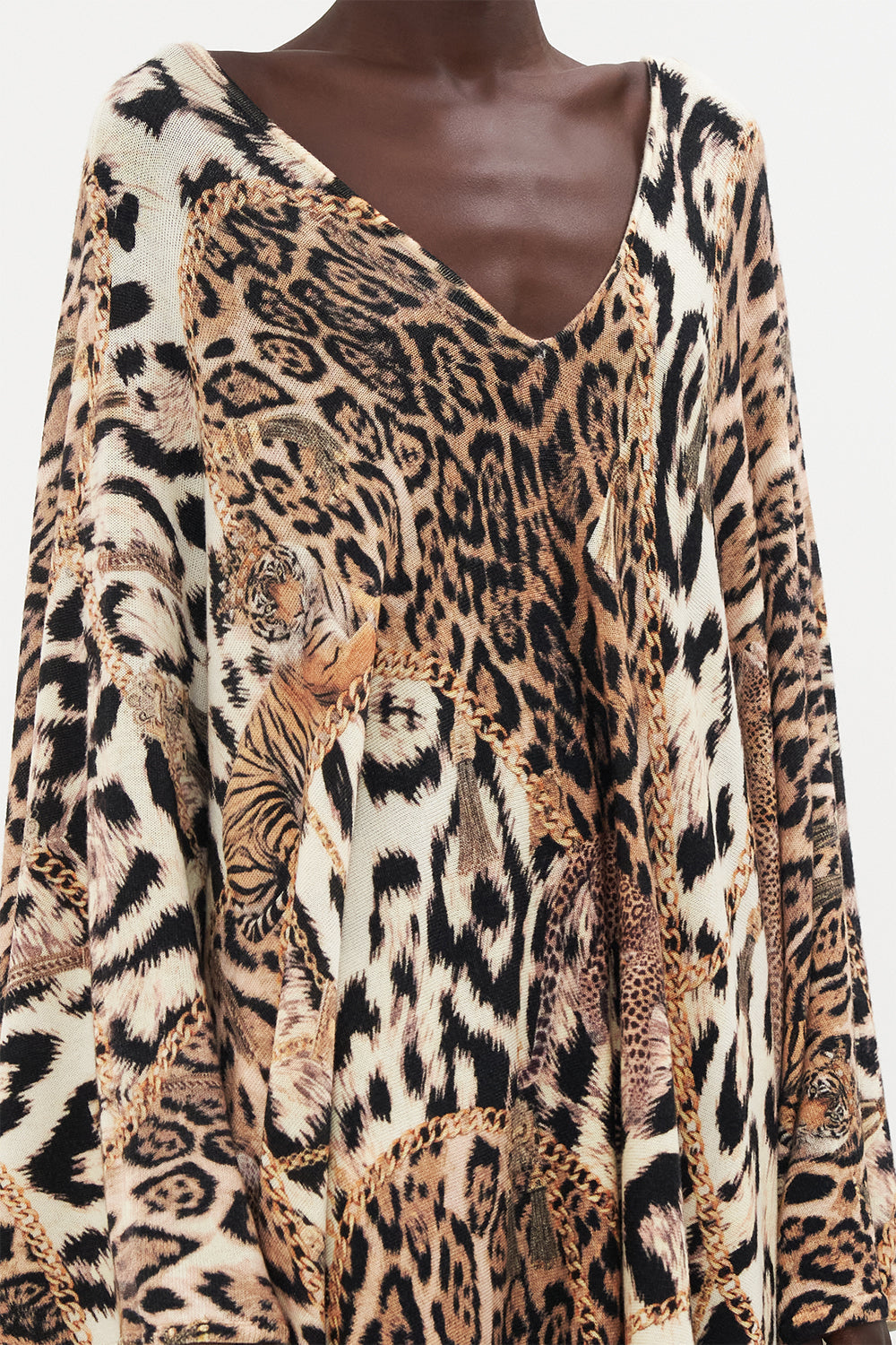 V NECK HANDKERCHIEF PRINT PONCHO ROLE CALL