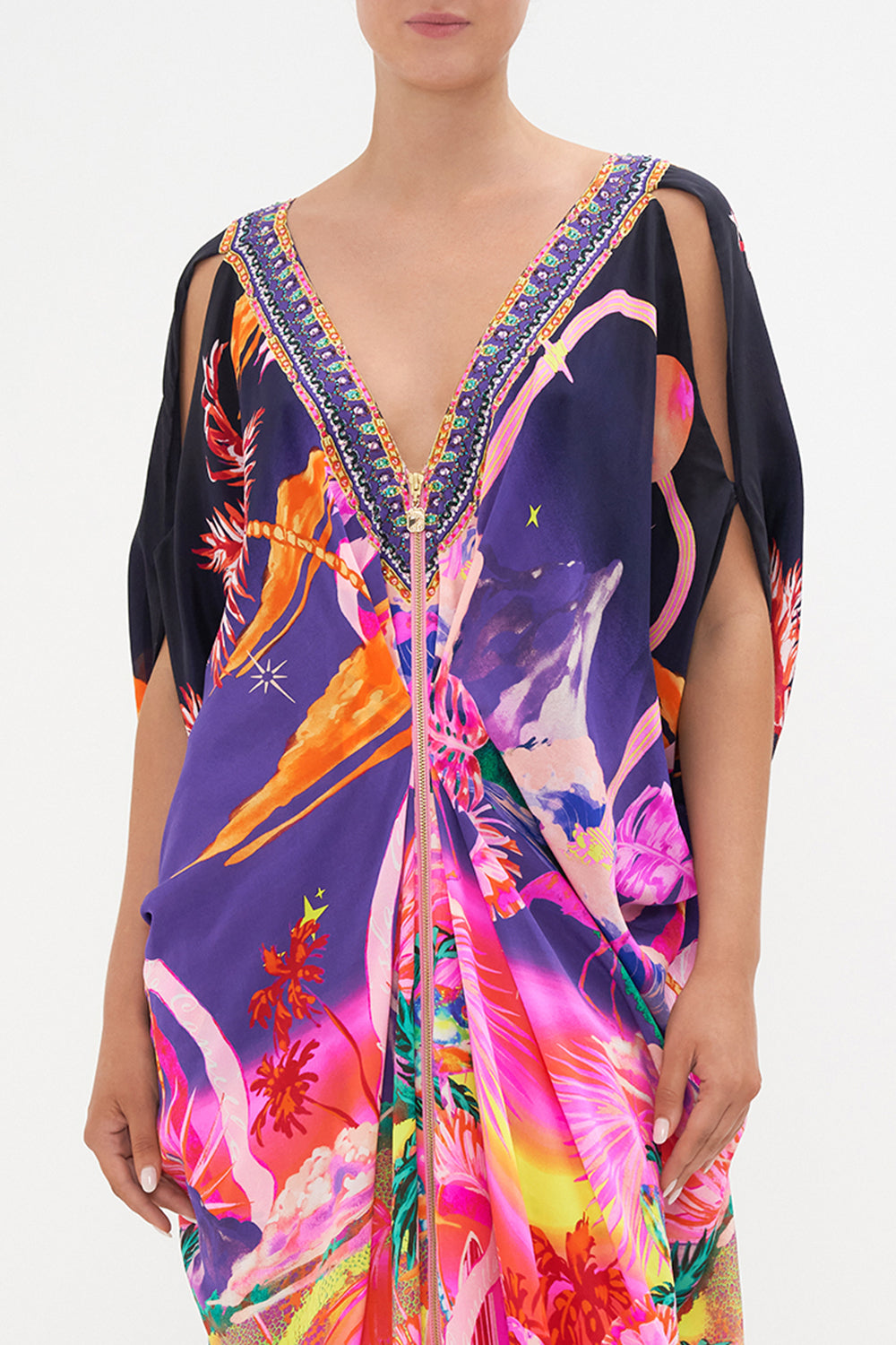 LONG DRAPE DRESS WITH ZIP FRONT FLIGHT OF THE FLAMINGO
