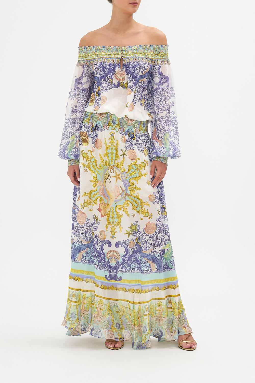 OFF SHOULDER SHIRRED DRESS STAR OF THE SEA