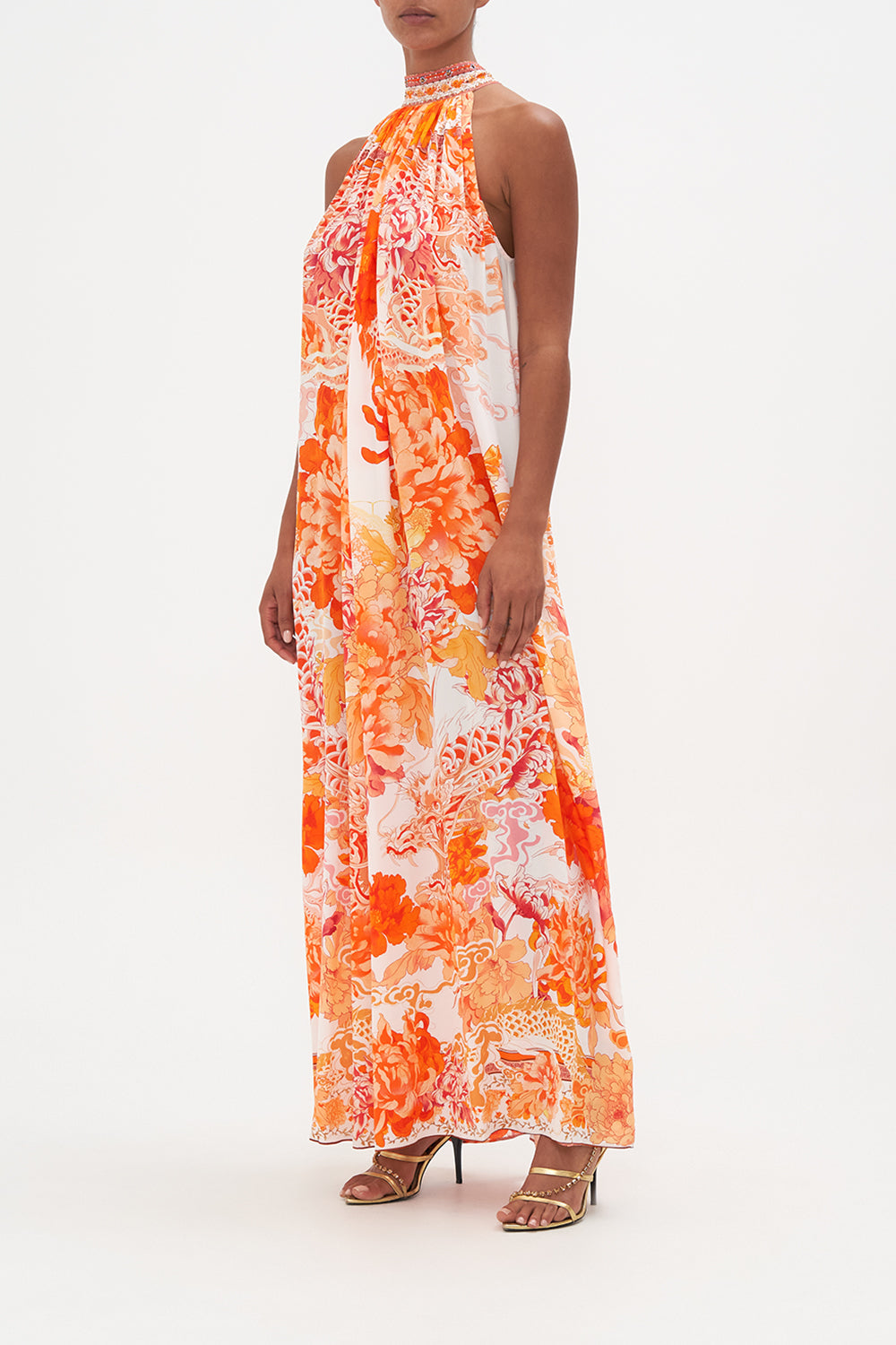 TIE NECK LONG DRESS DRAGON MOTHER