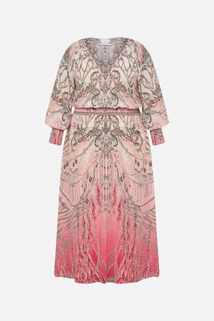 CAMILLA plus size pink silk maxi dress in Starship Sisters print