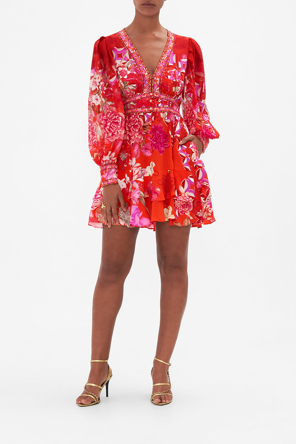 Button Front Frill Dress Secret Garden print by CAMILLA