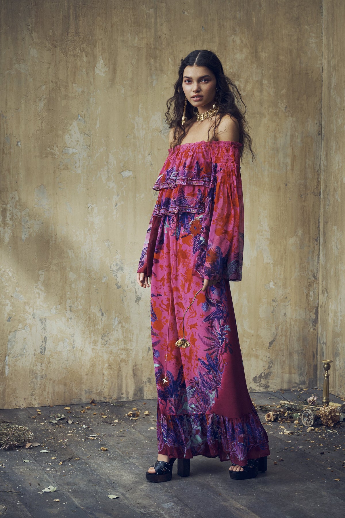 LONG TIERED RUFFLE DRESS TROPIC OF NEON