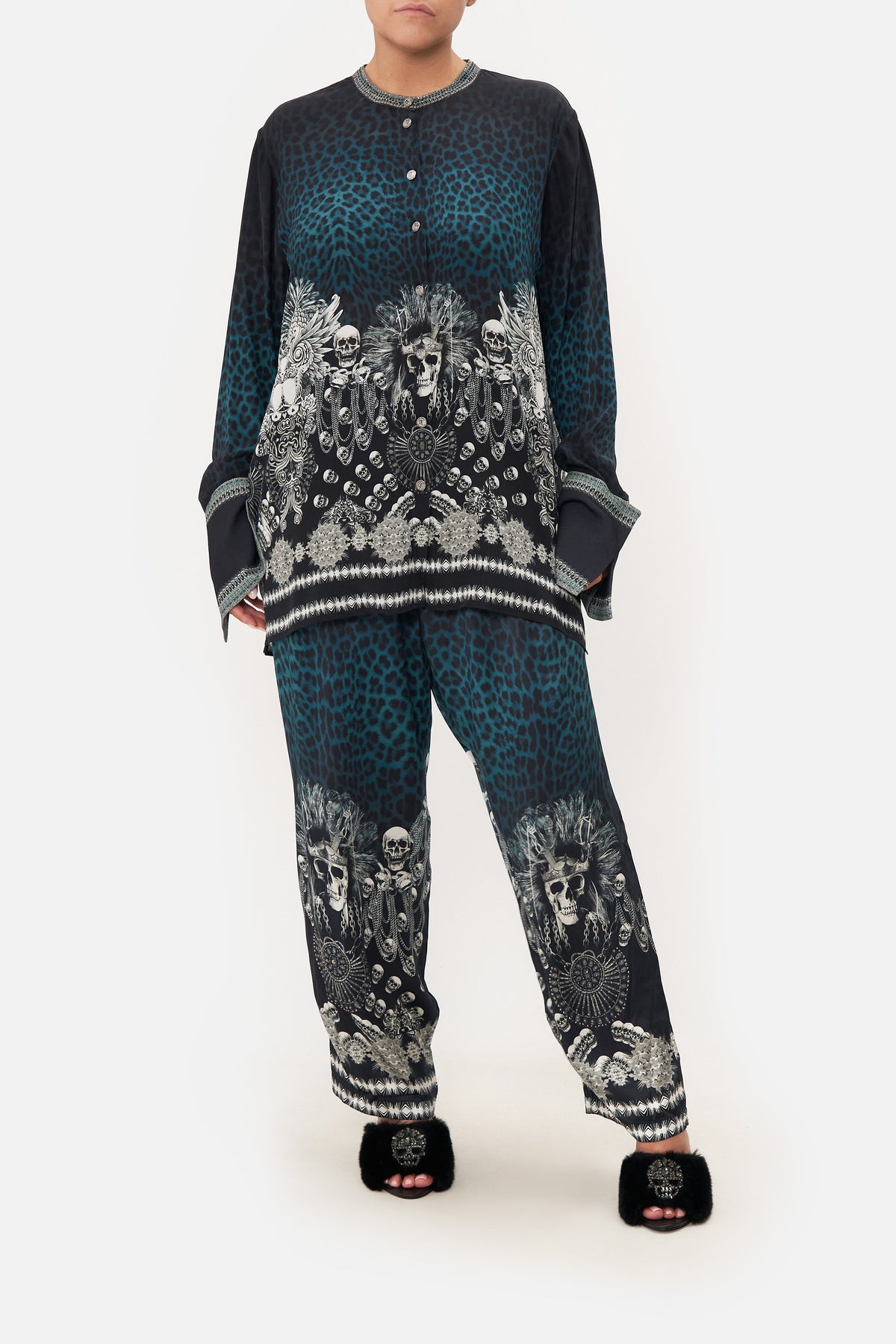 Front view of curvy model wearing CAMILLA plus size silk shirt in Animal Anarchy print