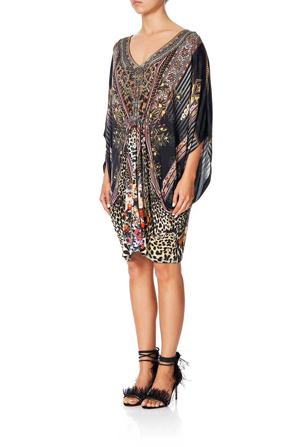 CAMILLA BAT SLEEVE DRESS WITH GATHERED WAIST MARAIS AT MIDNIGHT