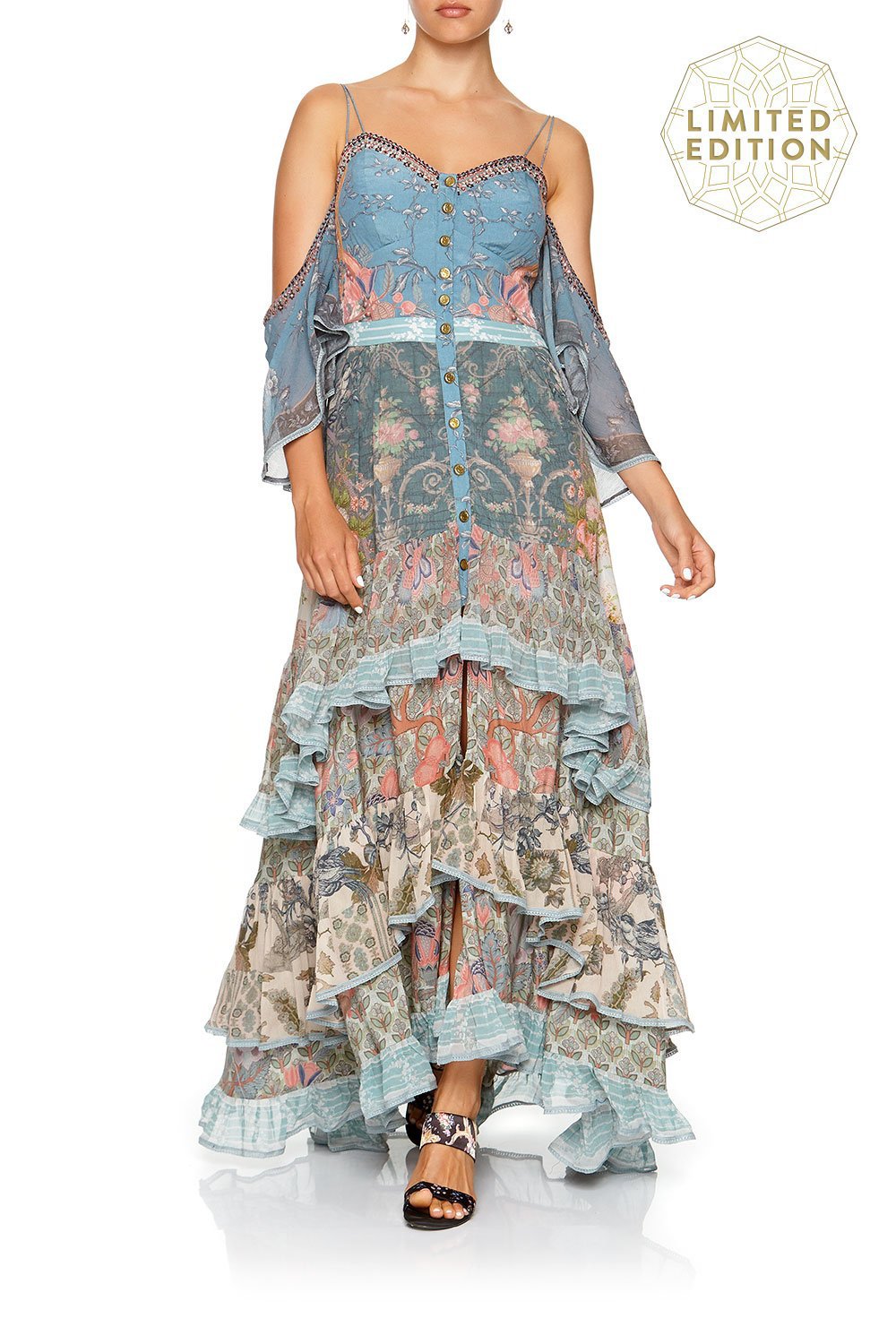 BUTTON-UP HIGH LOW DRESS WITH RUFFLE DETAIL BLANCHES BLESSING