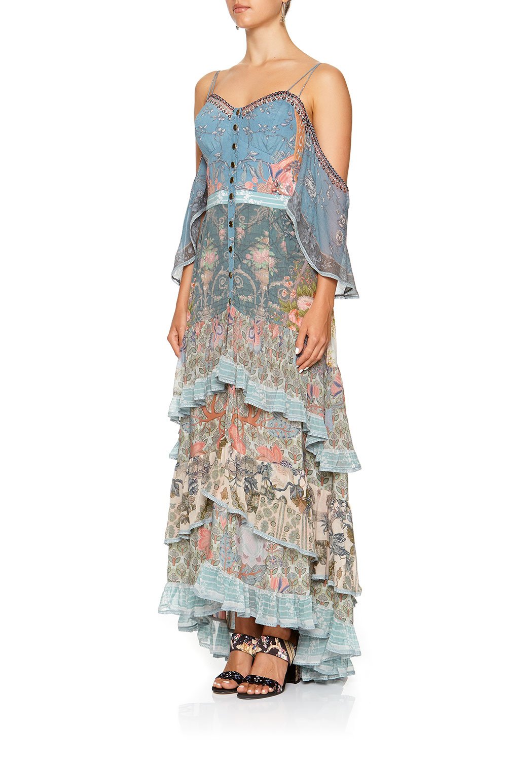 BUTTON-UP HIGH LOW DRESS WITH RUFFLE DETAIL BLANCHES BLESSING