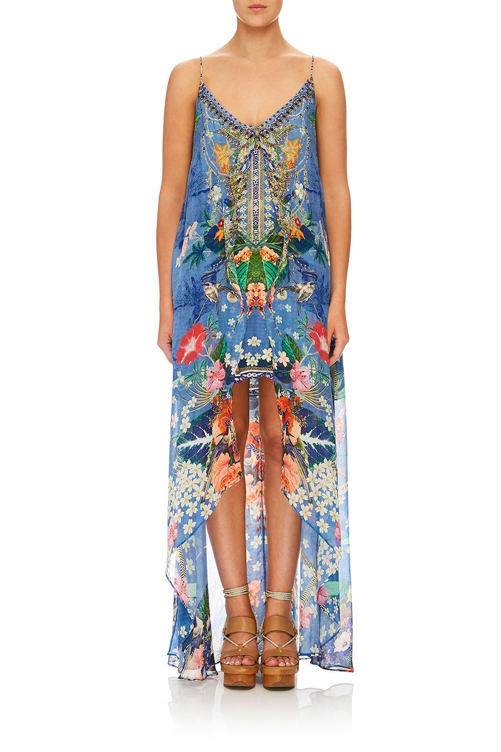 CAMILLA FARAWAY FLORALS FLARED MINI W/ SHEER OVERLAY