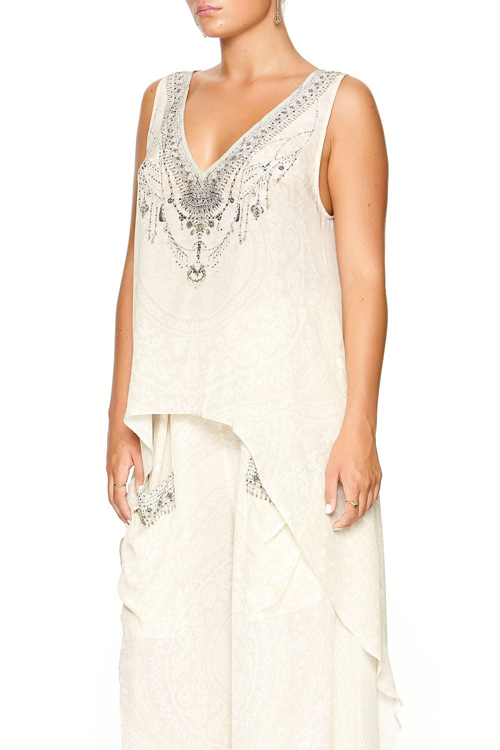 HIGH LOW CROSS OVERLAY TOP DENTELLE BLANCHE