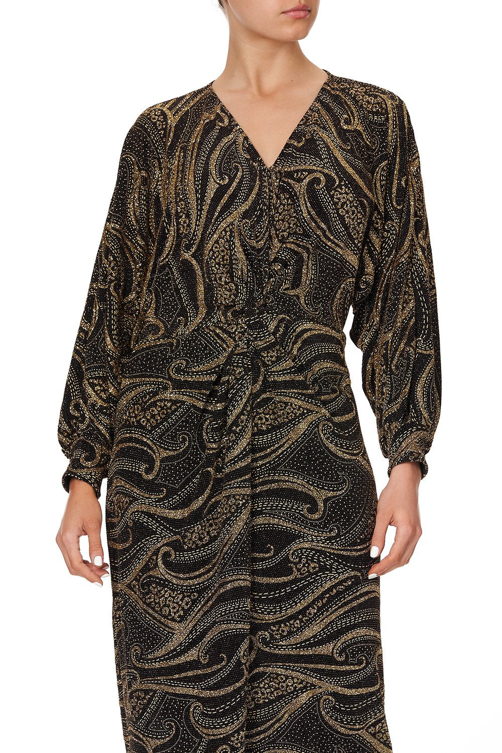 JERSEY TWIST FRONT SPLIT DRESS LUXE BLACK