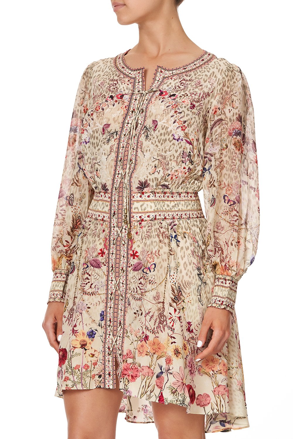 LACE UP SHIRRED WAIST DRESS DRIFTING DREAMER