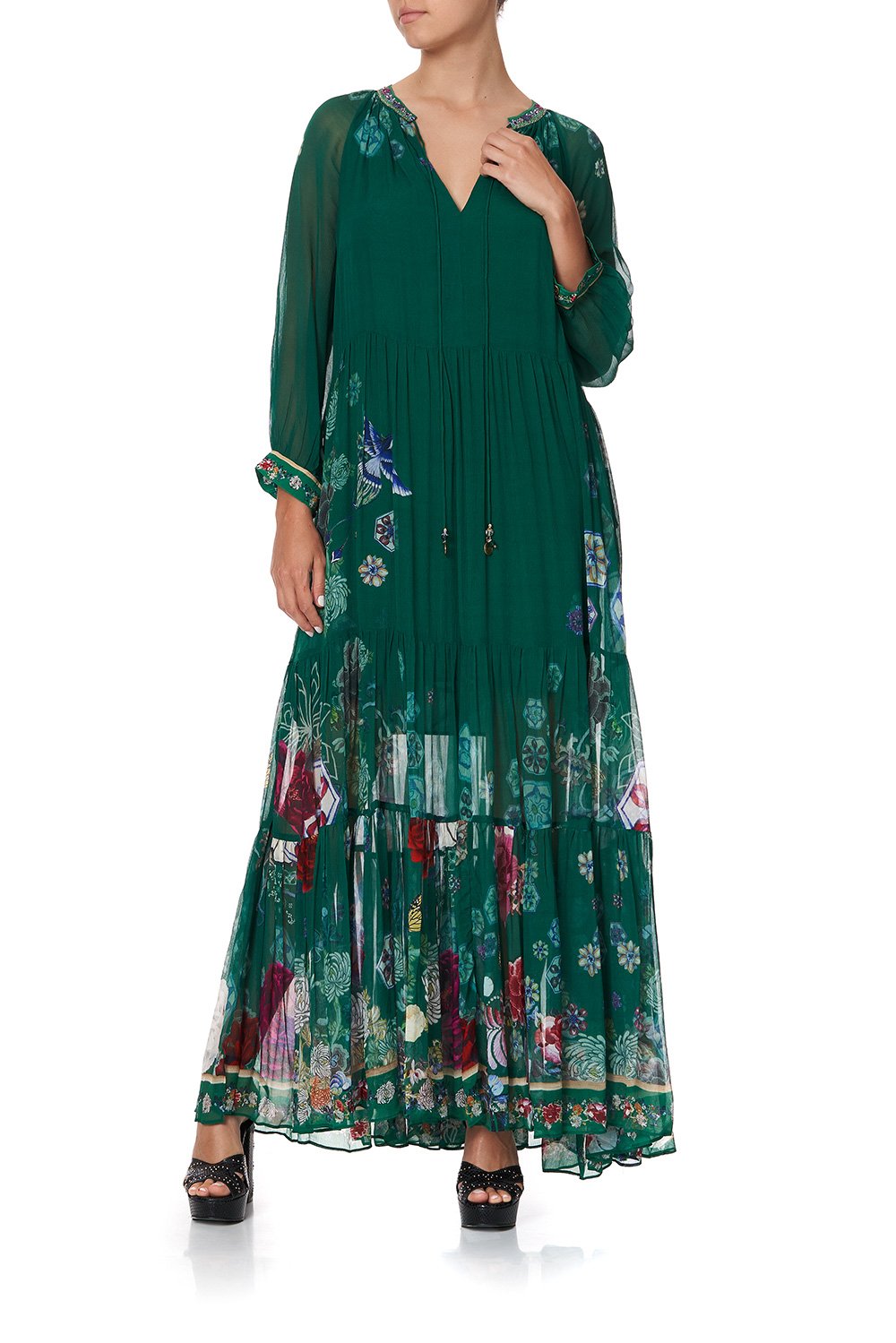 LONG GATHERED PANEL DRESS EMERALD'S ORBIT