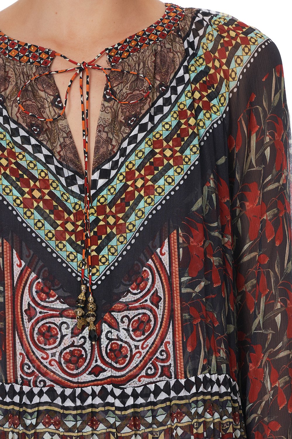 LONG GATHERED PANEL DRESS PAVED IN PAISLEY