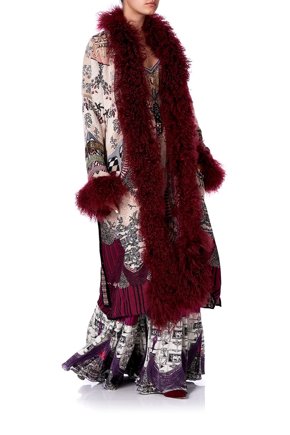 LONG KNIT JACQUARD COAT WITH FUR VIOLET CITY