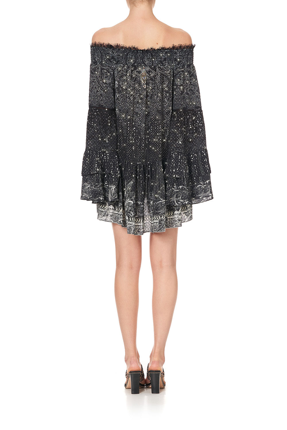 OFF SHOULDER DRESS WITH SMOCKING MIDNIGHT PEARL