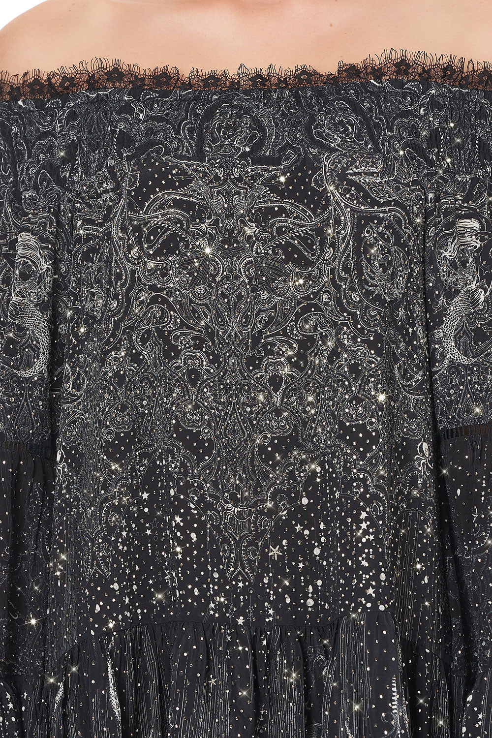 OFF SHOULDER DRESS WITH SMOCKING MIDNIGHT PEARL