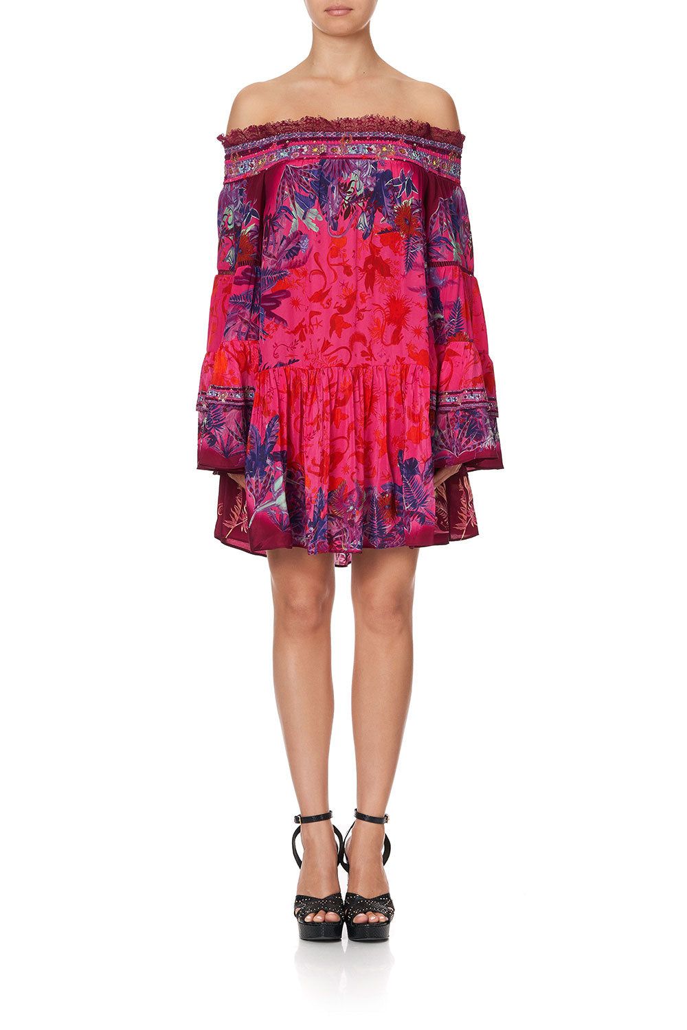 OFF SHOULDER DRESS WITH SMOCKING TROPIC OF NEON