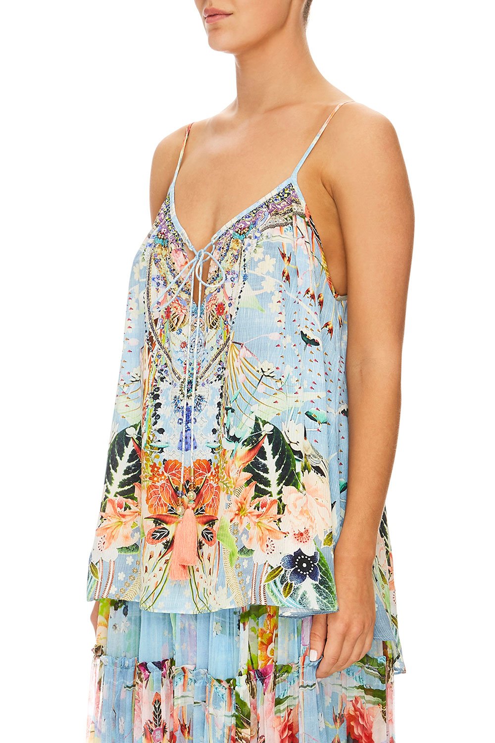 CAMILLA THE STILL ABYSS STRAP TOP W/ TIE FRONT DETAIL