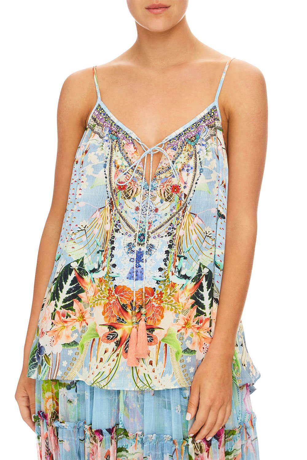 CAMILLA THE STILL ABYSS STRAP TOP W/ TIE FRONT DETAIL